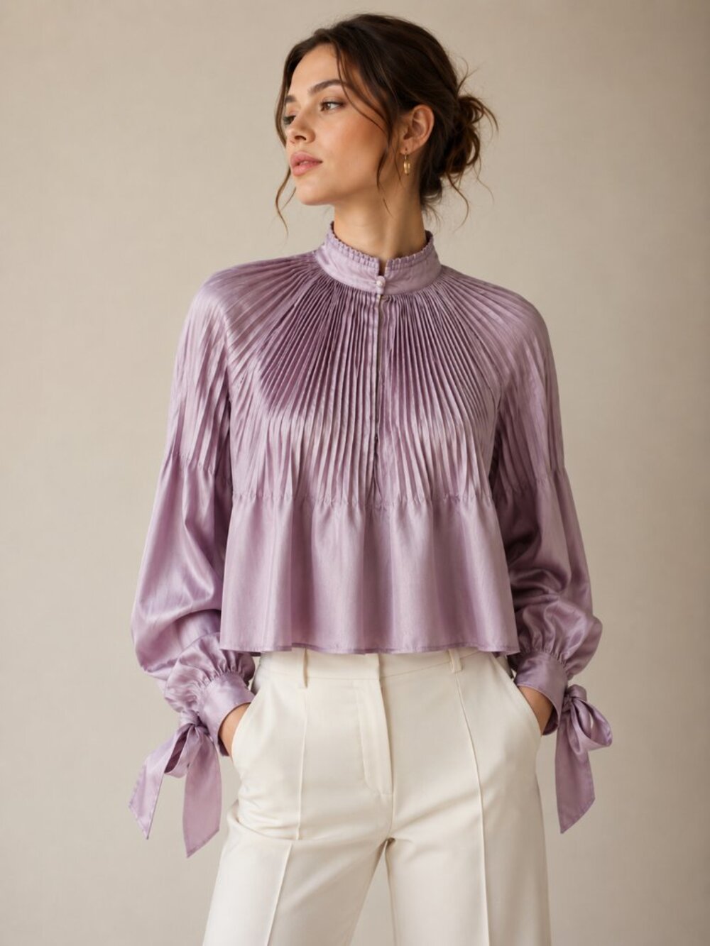 Tibi Pleated Blouse Top Lavender Purple Edwardian Tie Cuff Cropped Size 6